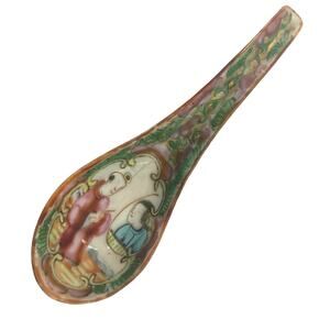 Antique Chinese Export Soup Spoon 19th Century Famille Rose Medallion Porcelain